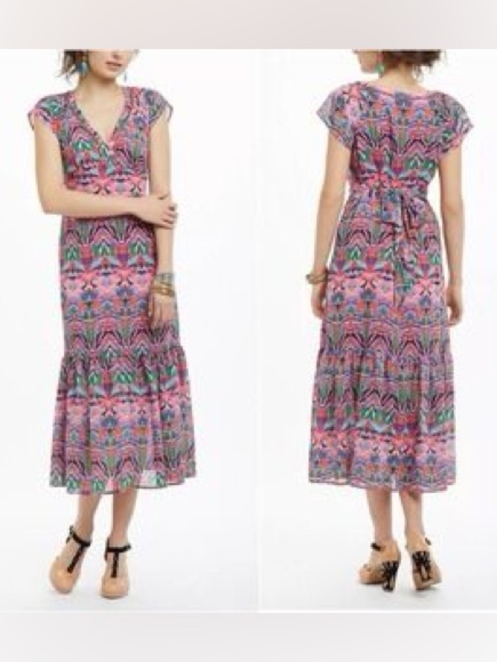 Vanessa Virginia Anthropologie Mural Pink Printed Cap-Sleeve Maxi Dress (129)